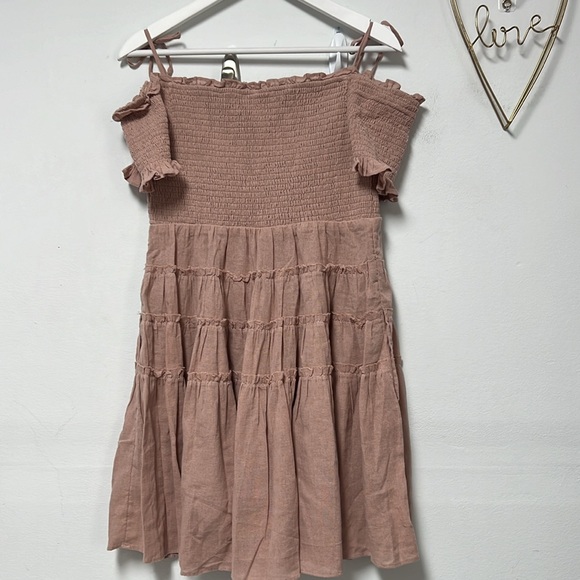 FREE PEOPLE SIZE M HAPPY WITH YOU SMOCKED TIERED MINI DRESS IN MAUVE PINK - Picture 6 of 10
